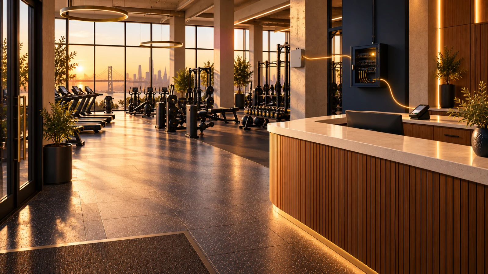 A premium commercial gym entrance and reception desk at dawn, with a payment terminal connected to a network cabinet and a San Francisco and Bay Bridge view beyond the workout floor.