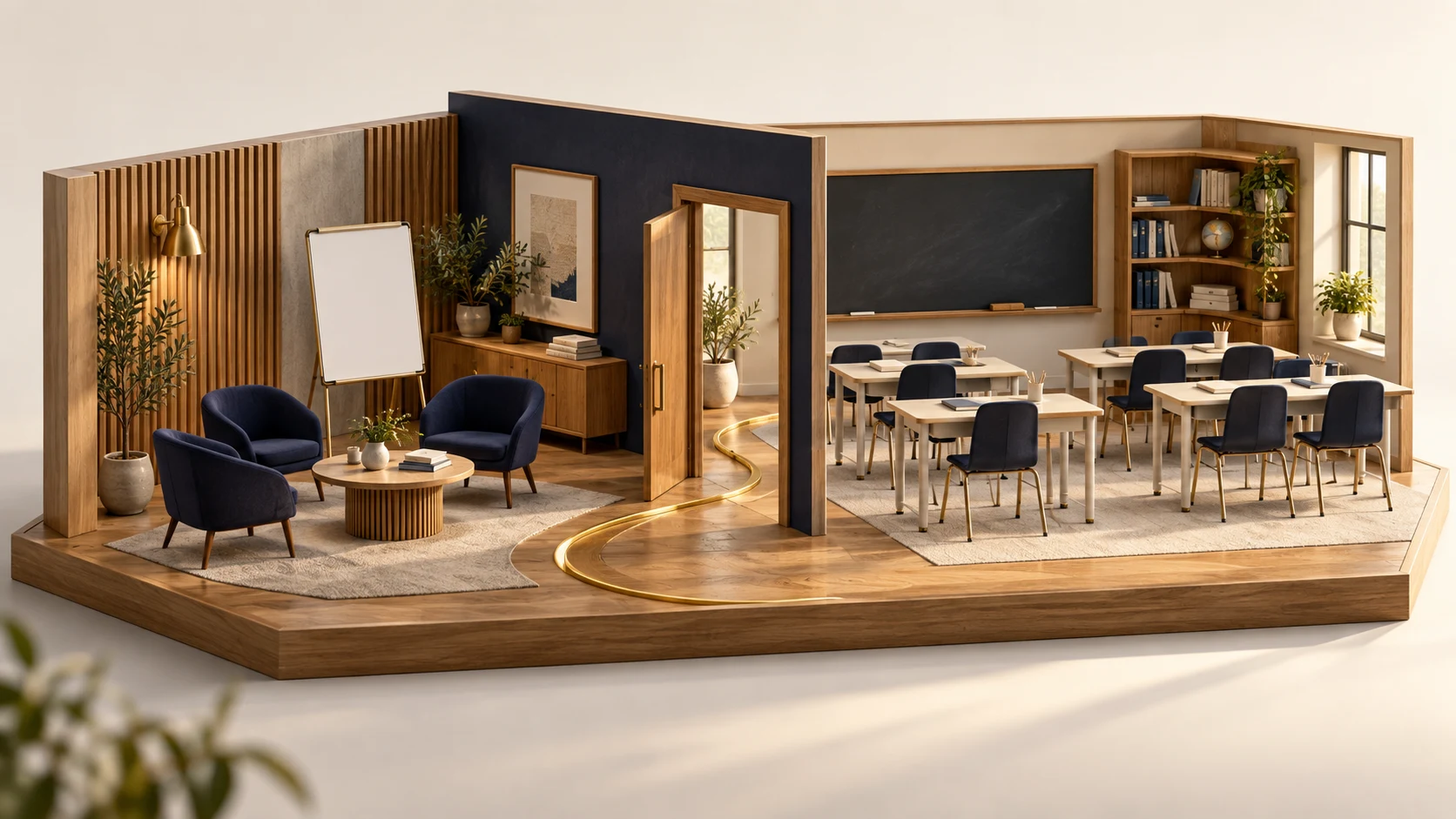 A gold pathway connects a professional learning space with a classroom in a navy-and-oak architectural illustration.