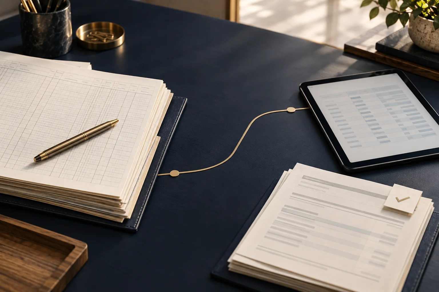 Paper accounting ledgers and a tablet with an abstract ledger sit on a navy desk, connected by a thin gold path beside records marked for review.