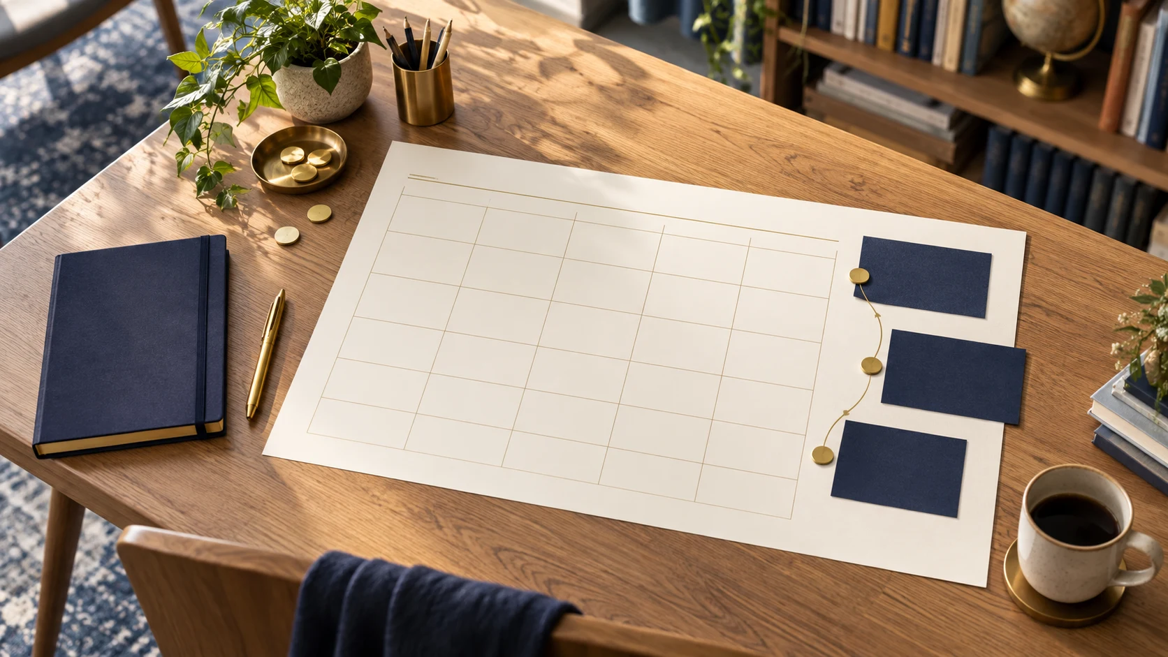 A school planning table with an ivory planning sheet, navy cards, a notebook, and gold markers.