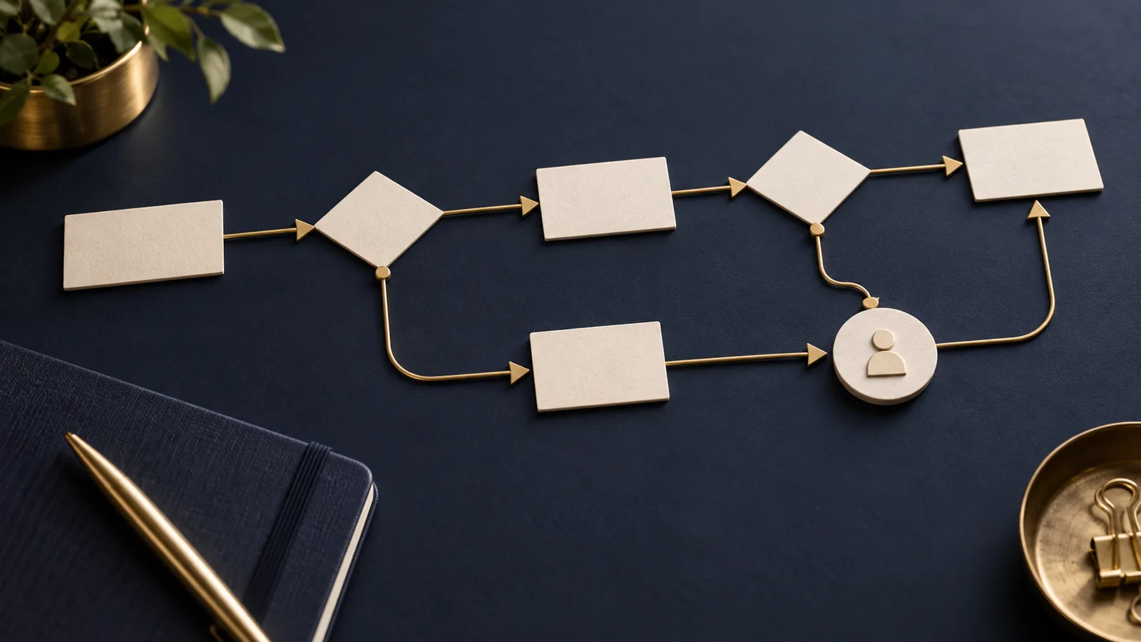 Ivory process cards connected by brass paths on a navy desk, with a separate route for a human decision.