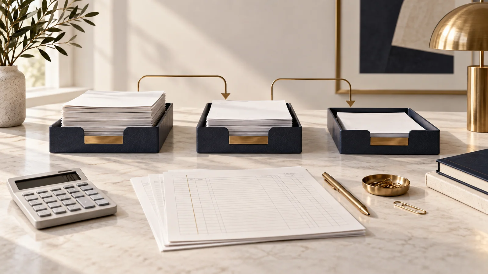 An editorial illustration of accounting paperwork and tools arranged for a clearer workflow.