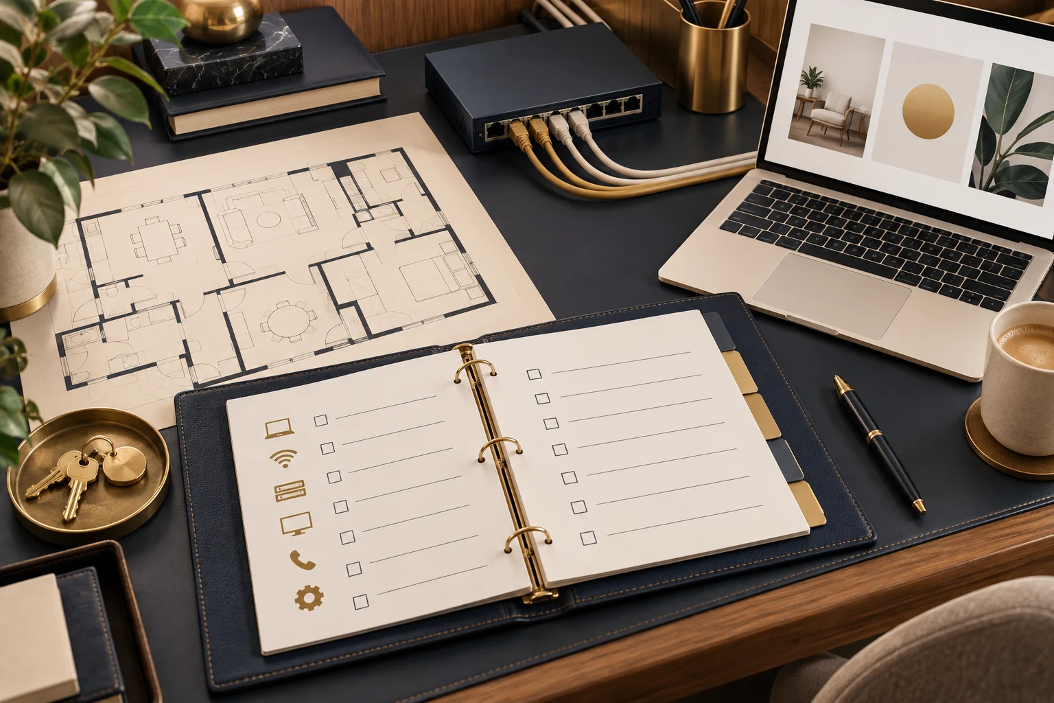 A navy handover binder, a property floor plan, and neatly connected networking equipment on an oak desk.